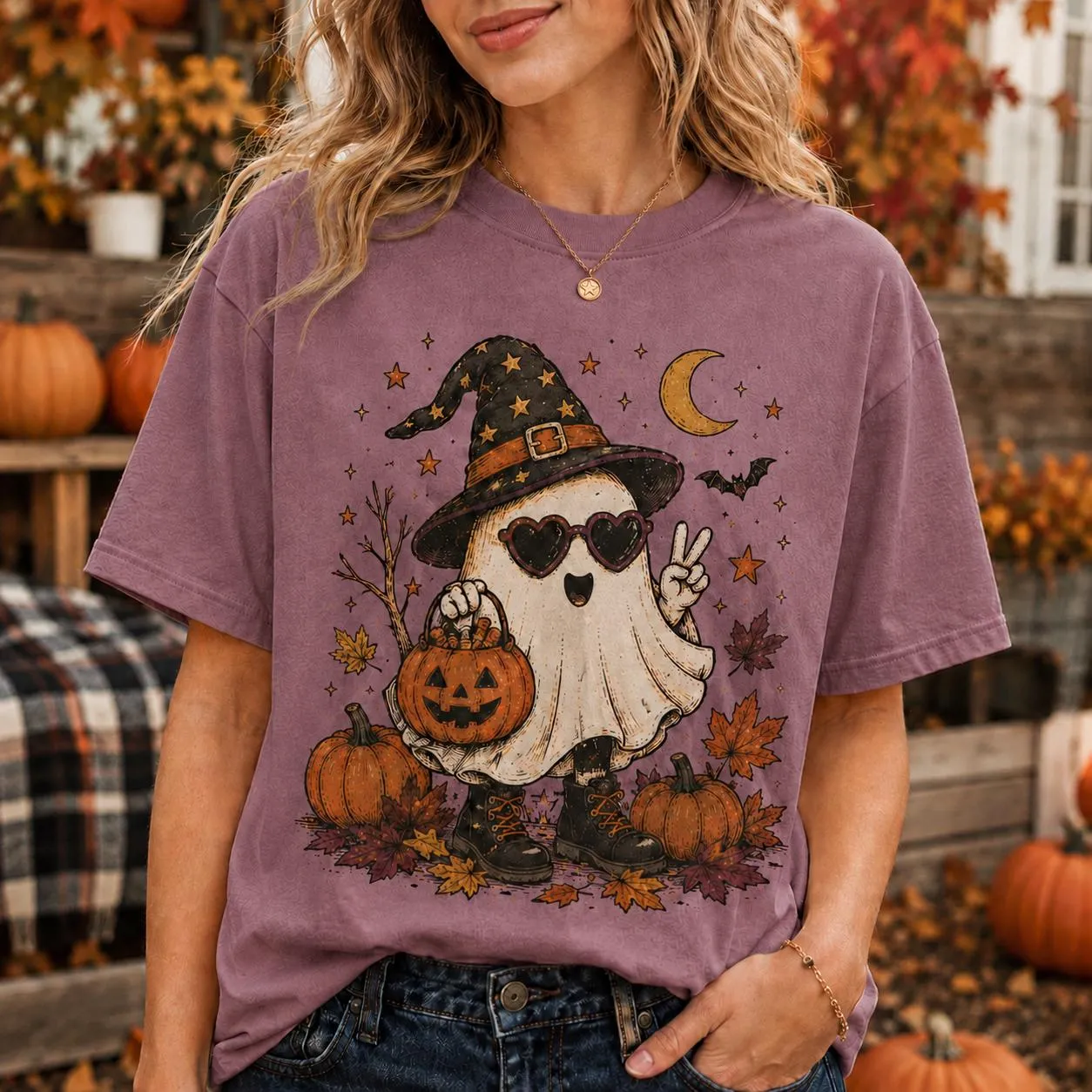 Cute Ghost Witch Hat Pumpkin Halloween T-Shirt Cute Ghost Witch Hat Pumpkin Halloween T-Shirt