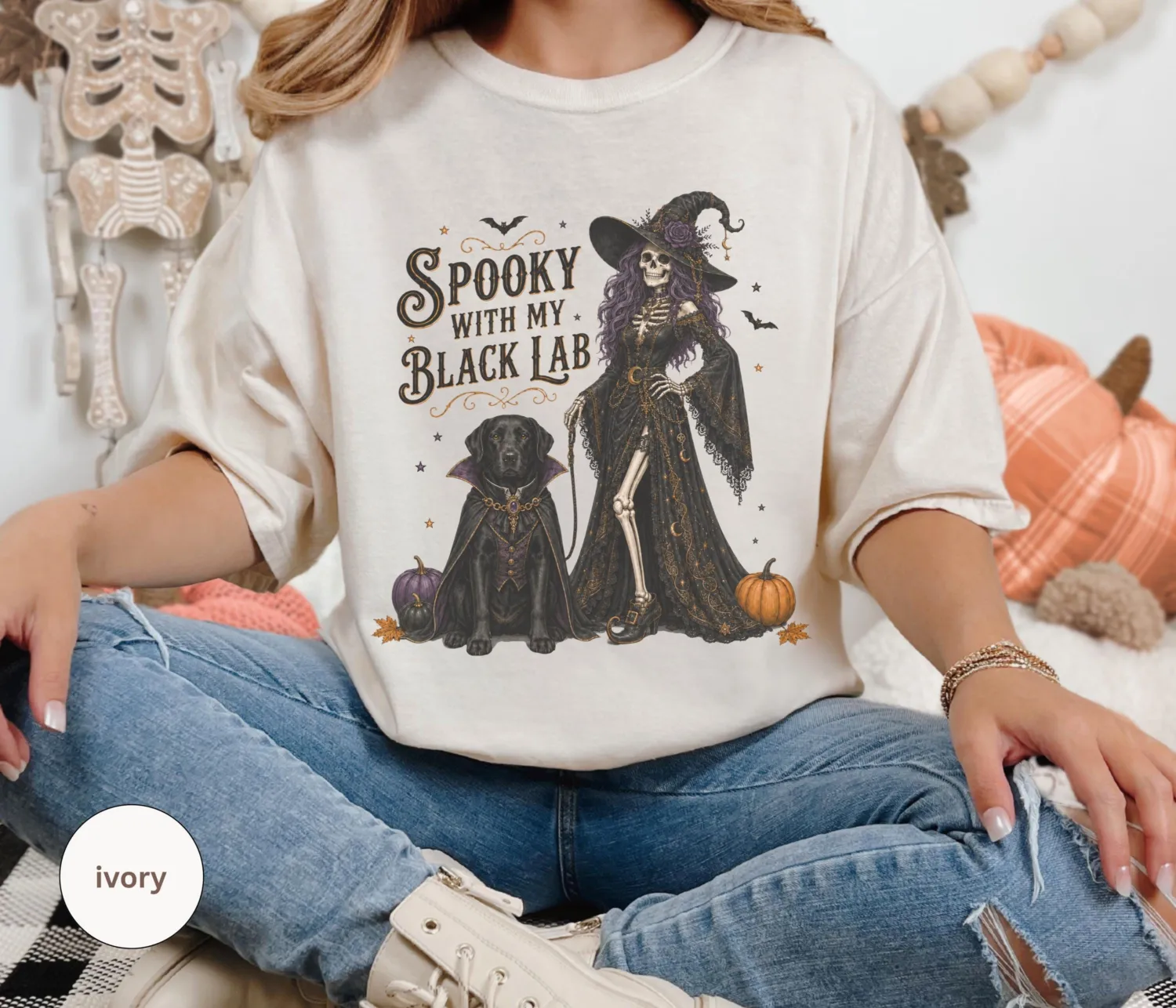 Black Lab Skeleton Witch Halloween T-Shirt Black Lab Skeleton Witch Halloween T-Shirt