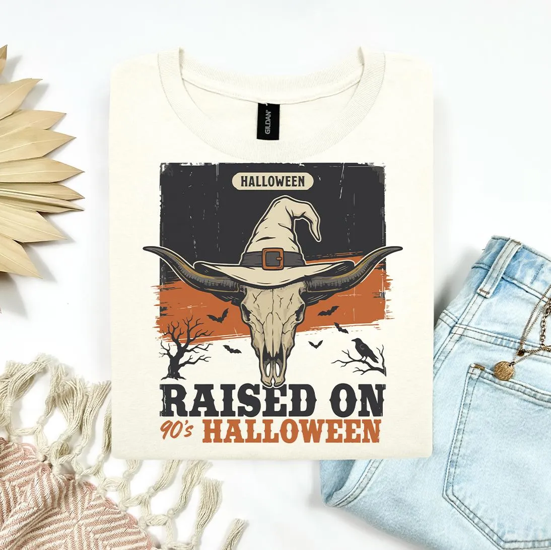 Western 90s Skull Witch Hat Halloween T-Shirt